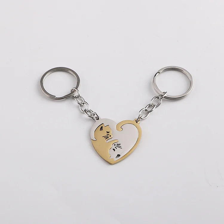 Niedlicher Katzen-Schlüsselanhänger, Edelstahl-Schlüsselring, Pärchen-Liebhaber-Tier-Partner-Schlüsselanhänger-Anhänger, Valentinstagsgeschenk