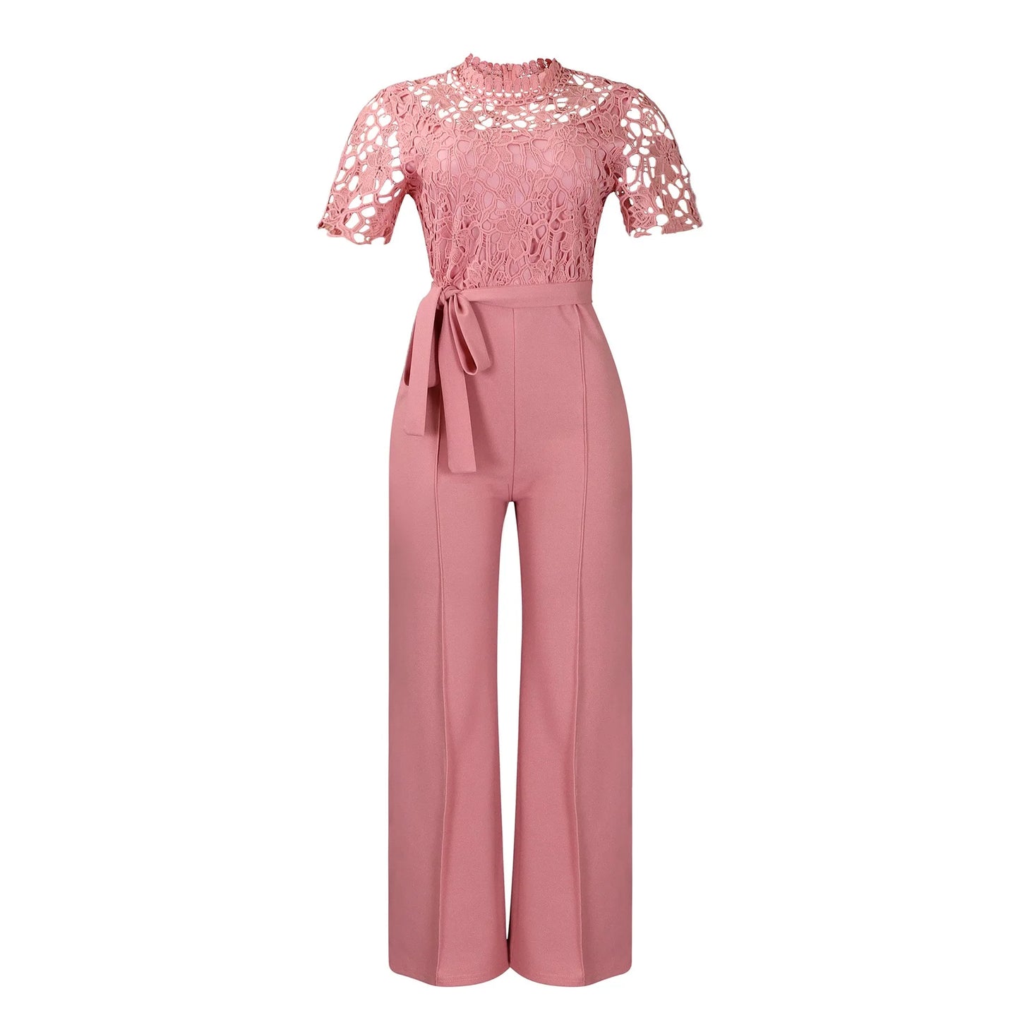Elegante Jumpsuits & Rompers für Damen Rundhals Spitze Patchwork Kurzarm Gürtel Hohe Taille Luxus Geburtstagsparty Abend Outfit