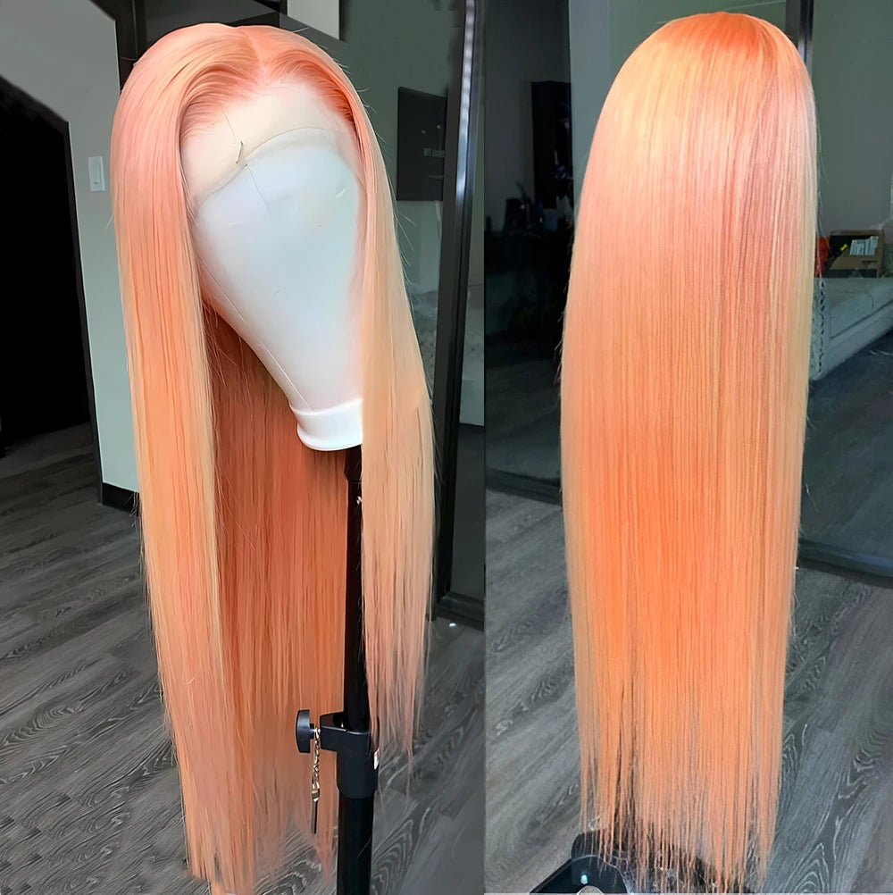 Hellorange Synthetische Lace Front Perücke Lang Glattes Haar Natürlicher Haaransatz Klebelose Perücken für Damen Alltag Cosplay Orange Perücken
