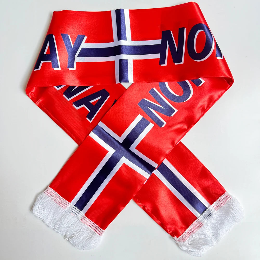 2026 Haiti  NorwayCountries Flag Scarf14x135cm Double-sided Printed Satin Haiti Flag Scarf Tassels Suitable for Football, Sports