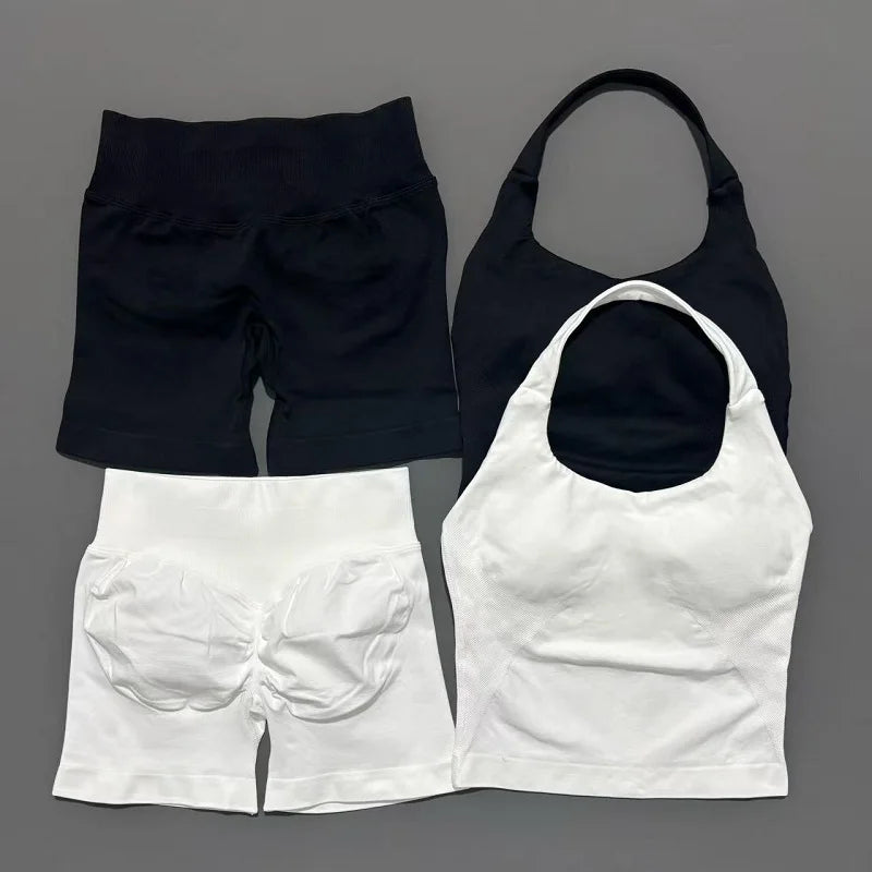 2 Pieces Sports Set Women Backless Halter Tops High Waist Seamless Hight Stretch Shorts Gym Suit Sportswear Workout Sets
