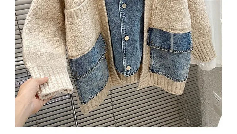 2023 New Autumn Winter Women Splicing Denim Jacket Women Long Sleeve Jean Jackets Female Loose Sweater Cardigan Jacket