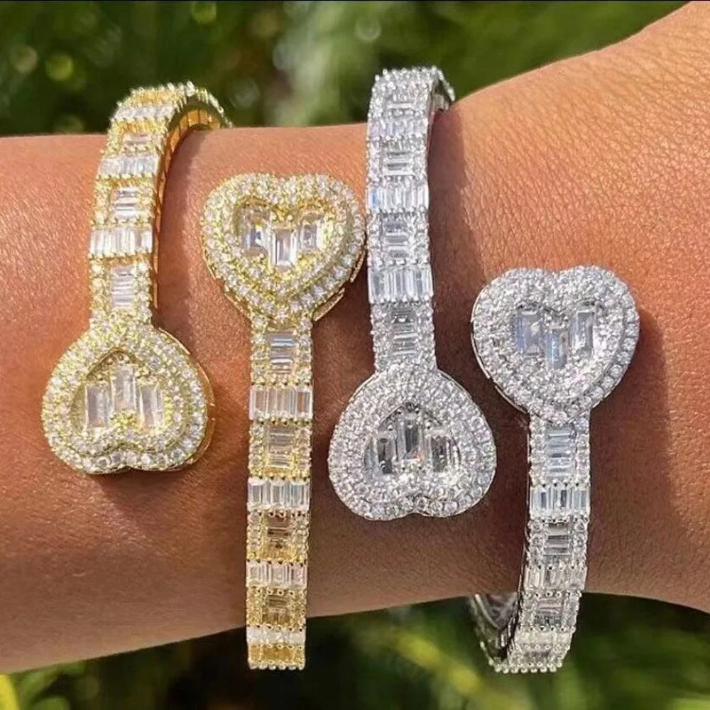 New Iced Out Bling Butterfly Heart Bracelet Silver Color CZ  Zircon Oval Charm Opened Bangle For Men Women Hiphop Luxury Jewelry