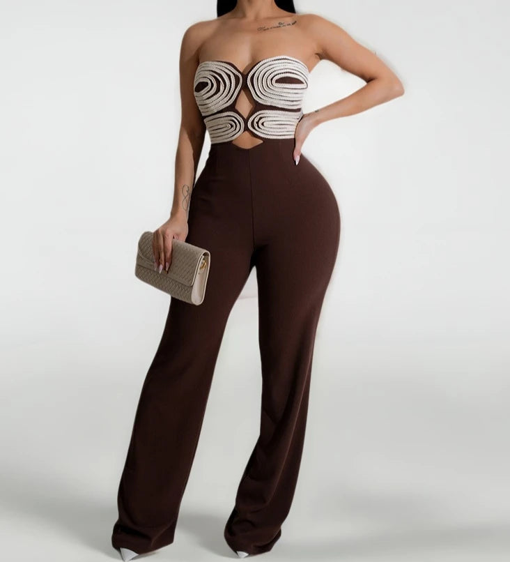 Damen-Jumpsuit 2025 Sommer Neu Temperament Modisch Sexy Ärmellos Gewebtes Band Trägerlos Rückenfrei Party Gerader Jumpsuit