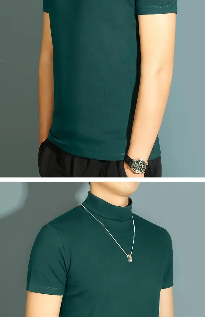Men's Modal High Neck Short Sleeve T-Shirt Bottoming Shirt Silk Model Golf Wear Luxury Clothing Men's T-Shirt Bottoming Shirt