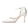 Baotou Hohle High Heels Damen Sandalen Spitz Dünne Ferse Ein-Wort-Schnalle Strass Hochzeitsschuhe Brautschuhe