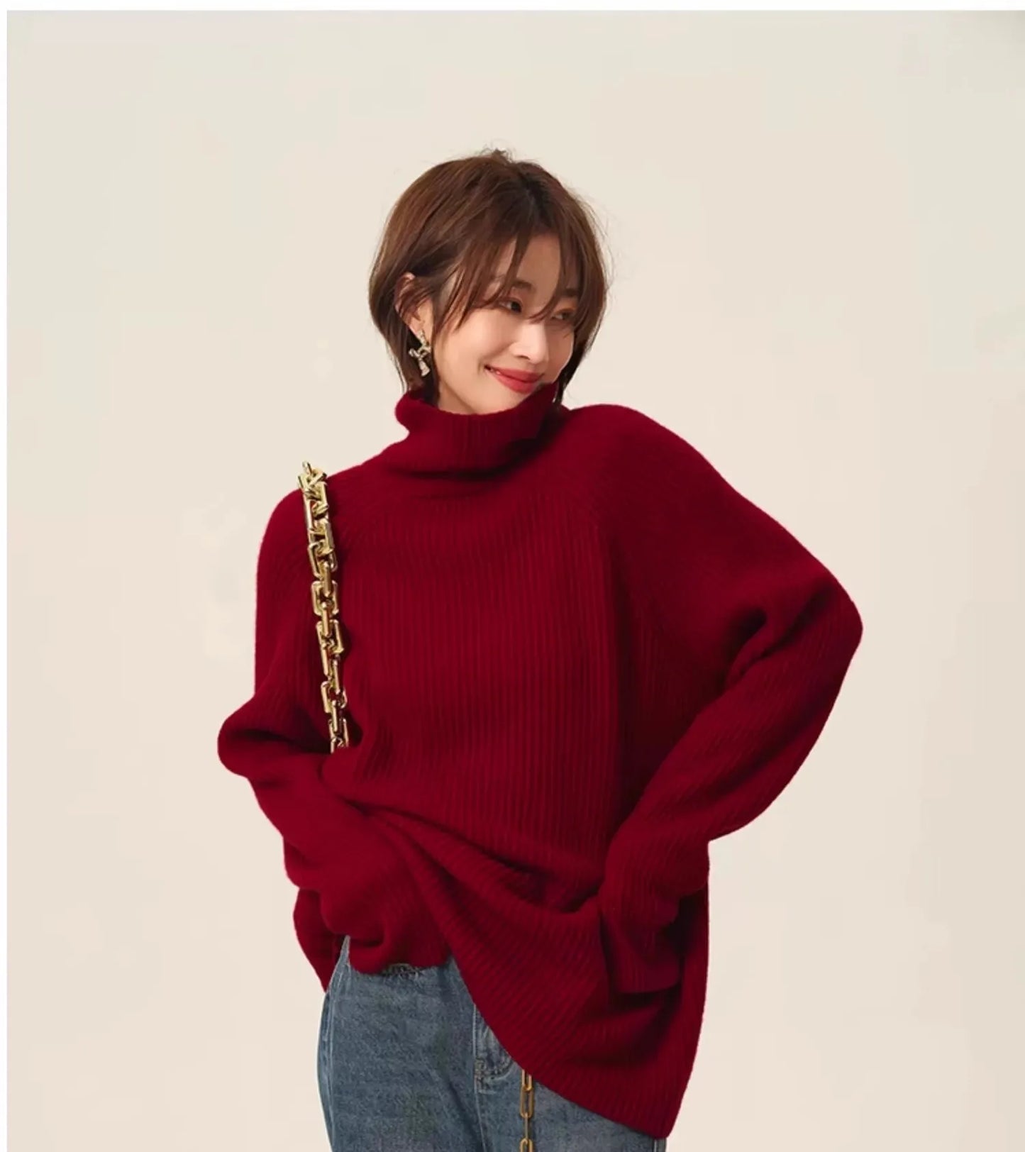 Rollkragenpullover 100% Kaschmir Pullover Damen lose verdickend Anti-Aging Nische Vintage Roter Rundhals-Pullover Damen Langarm