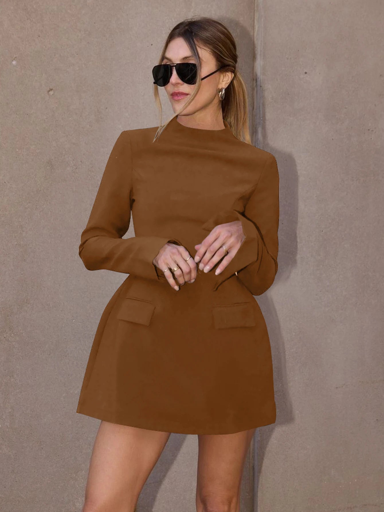 Dulzura Langarm Reißverschluss Bodycon Minikleid mit Taschen Einfarbig Elegantes Outfit Büro Streetwear Damen Herbst Winter Kleidung