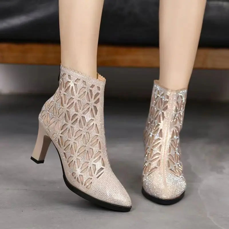 Rubber Soled Women's Dance Boots 6 Cm High Heel Black Shoes Summer Breathable Pointed Mesh Top Jazz Latin Modern Dance Shoes