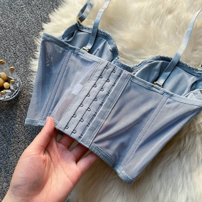 French Ladies Transparent Mesh Corset Sexy Shaper Thin Bra Set Night Club Sweet Cropped Top Girls Hot Bra and Panties Bralette