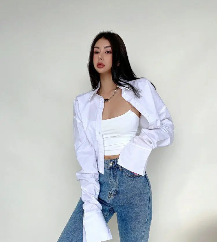 Zadily 2025 Summer Korean Style Long Sleeve White Shirt Women Sexy Button Ladies Crop Tops Blouse Street New In Female Clothing