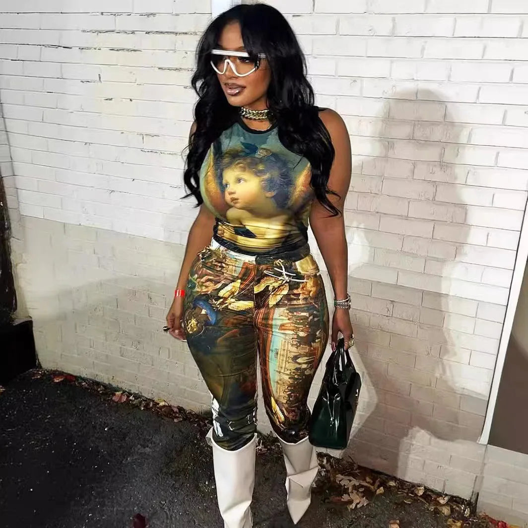 FAGADOER Mode-Print 2-teilige Sets Damen Outfit Ölgemälde Ärmelloses Crop Top und Hose Damen Streetwear Sommer Frühling Neu