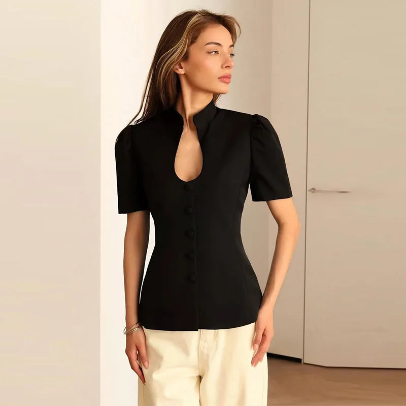 Fashion Women's Stand Collar Blazer Short Sleeve Button Puff Sleeves Solid Lady Top 2025 Summer Autumn Elegant Female Coat