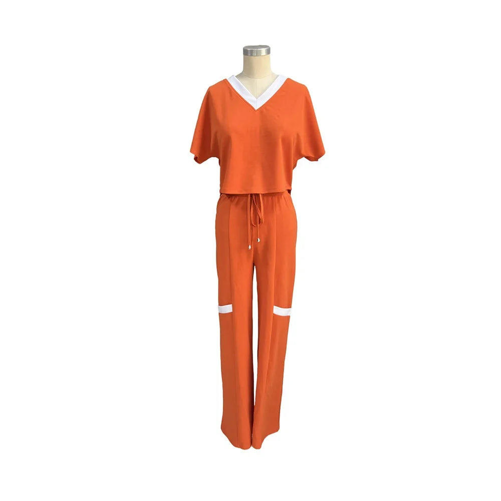 Elegant Women's Casual Short Sleeve T-shirt Sports Suit Summer Fashion Solid V Neck Short Top & Straight Pants Two Piece Sets