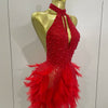 Women Luxury Rhinestones Pearls Feathers Halter Backless Short Dress Women Sexy Celebrate Birthday Dress Nightclub Stage Costume
