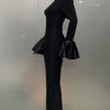 STOCK Shining Diamonds Neck Flare Sleeve Black Long Bandage Dress Elegant Woman Evening Party Dress Cocktail Party Outfit