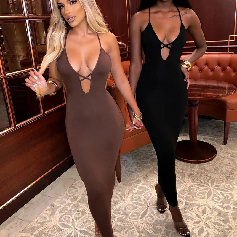 European and American women's summer strappy sexy buttocks tight solid color dress