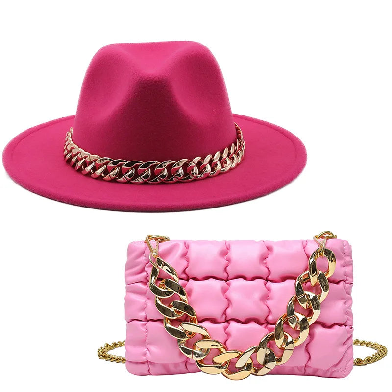 Set Straw Hat and Bag Set Gold Chain Bag Hat Set Ladies Leather Bag Tote Church Fedora Party Jazz Straw Hat