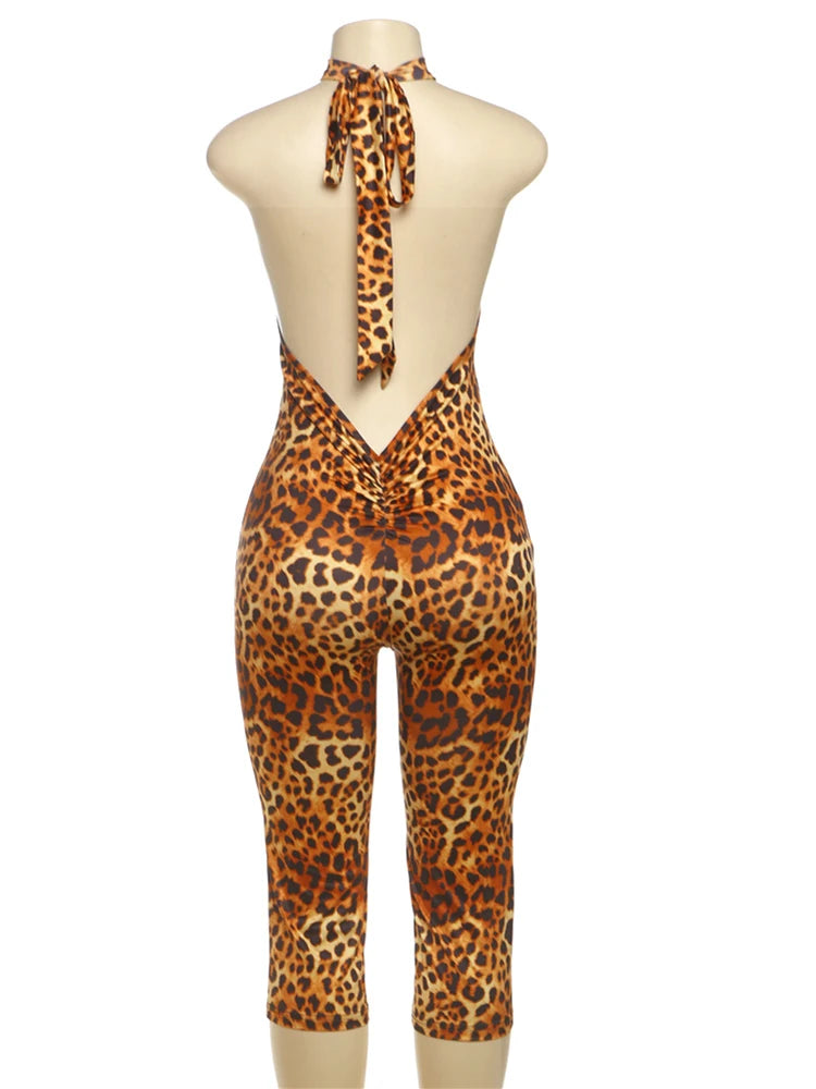 Weird Puss Neckholder-Overall für Damen, rückenfrei, Bandage, Leopardenmuster, eng anliegend, dehnbar, Sommer, sexy, Hipster, Aktivität, Workout-Spielanzüge
