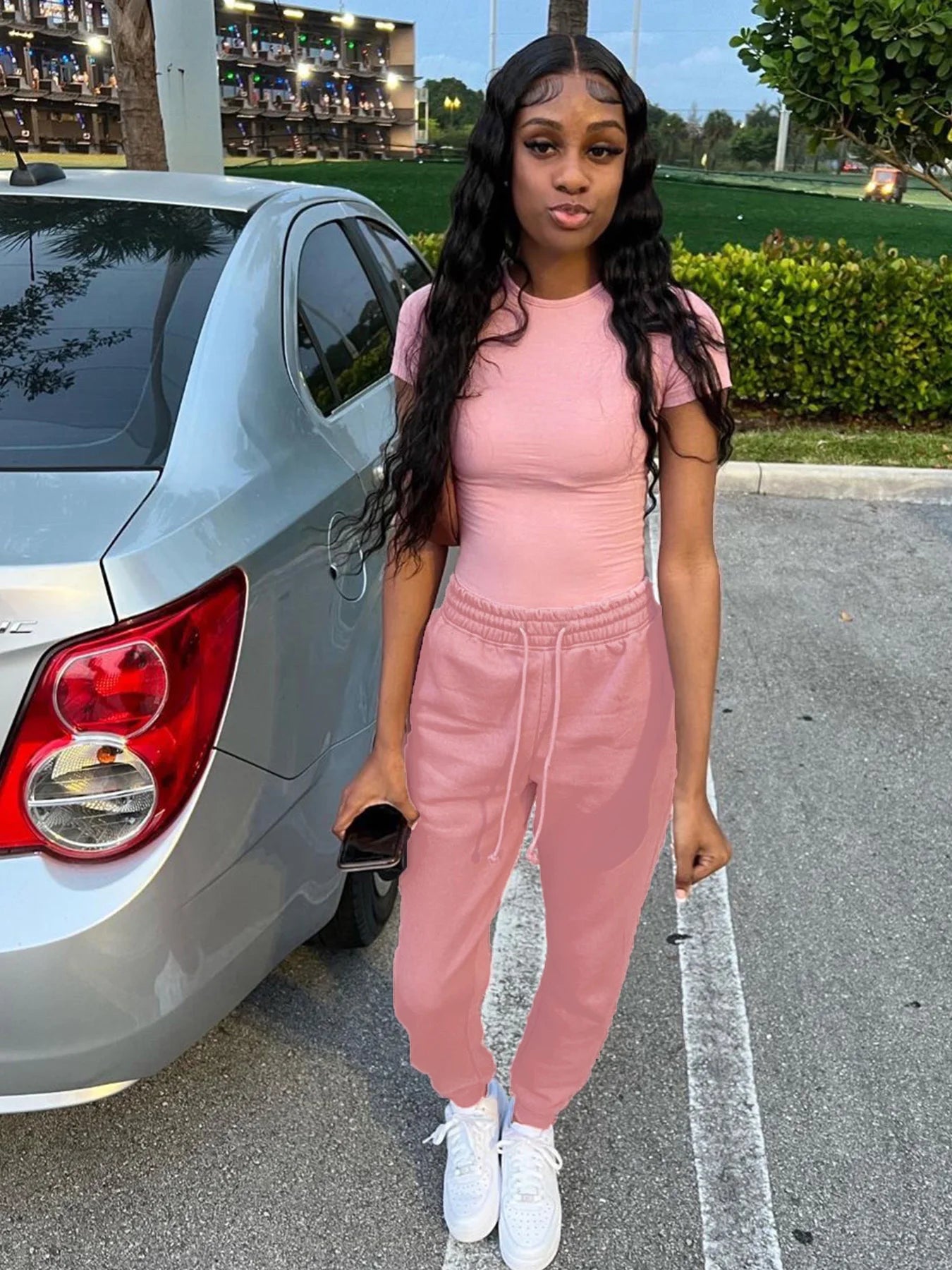 Two Piece Versatile Solid Color Sports And Leisure Set, Women's Cotton Slim Fit T-shirt Paired With Loose Jogging Pants