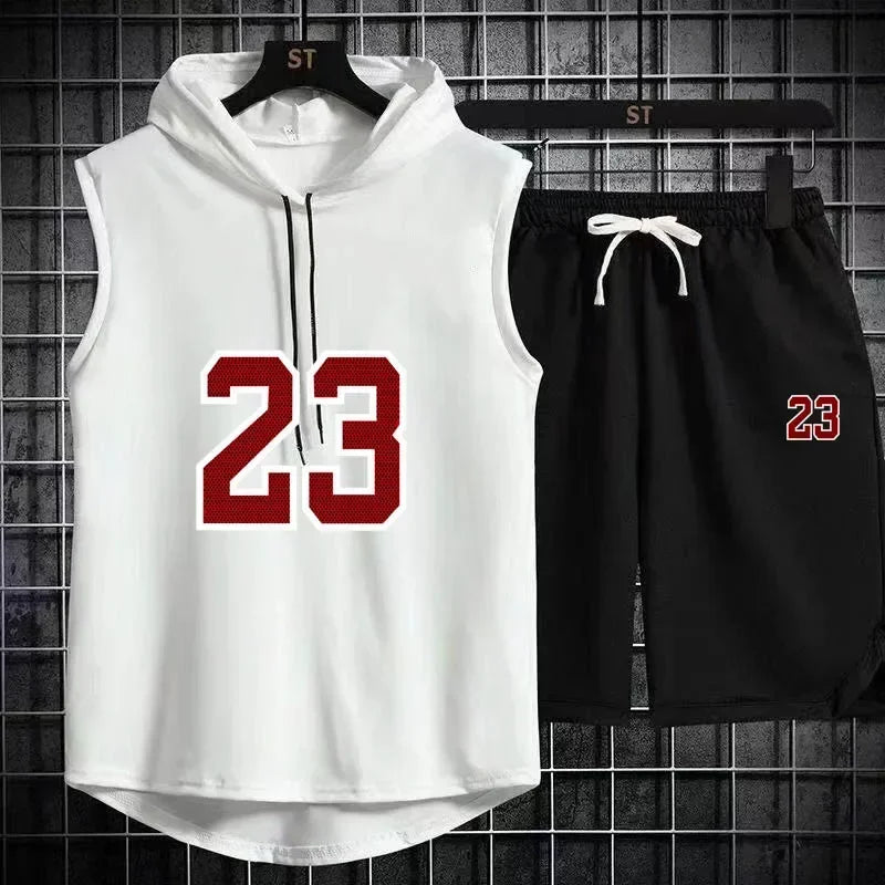 Summer New Men's Sleeveless Hooded T-shirt+shorts pants Sports two-piece set gym  Fashion  Casual Men Women Sports Two Piece Set