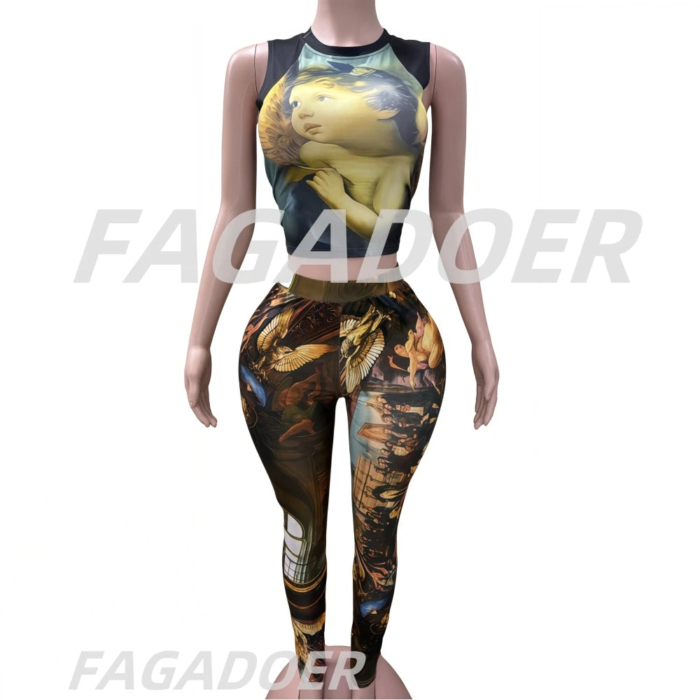 FAGADOER Mode-Print 2-teilige Sets Damen Outfit Ölgemälde Ärmelloses Crop Top und Hose Damen Streetwear Sommer Frühling Neu