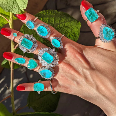 Luxuriöser geometrischer Paraiba Turmalin Edelstein Silberfarbener Damenring Temperament Damen Trendiger Vintage Schmuck