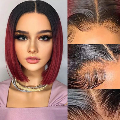 1B/99J Burgunder Rot Kurze Glatte Bob Echthaar Perücken Brasilianische Lace Front Echthaar Perücken Vorgezupfte T-Part Lace Perücken Remy Echthaar