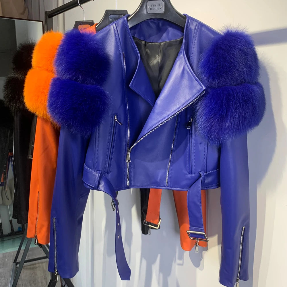 GO BALLISTIC YA Women Leather Jacket With Fur Sleeve Fashion Ladies Crop Jacket