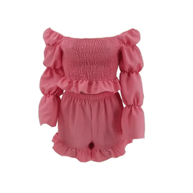 Chic Women Sweet Set Puff Sleeve Crop Tops and Shorts Outfits Solid Stretch Pleated Sexy Summer Girl 2 Two Piece Suit