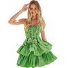 Green Strapless Dress With Sequins And Large Bow On Waist Fluffy Layers Add Volume And Elegance Perfect For Special Occasions