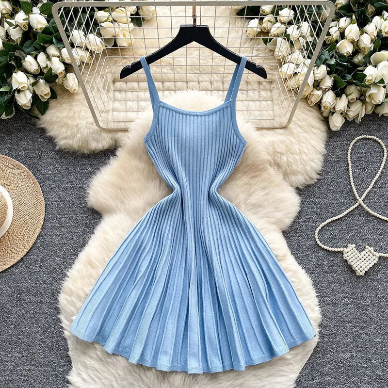 Joskaa 2026 Autumn Retro Striped Knit Dress Women Elegant Pleated Waist Slim Low Cut Sleeveless A-line Slip Dress Streetwear
