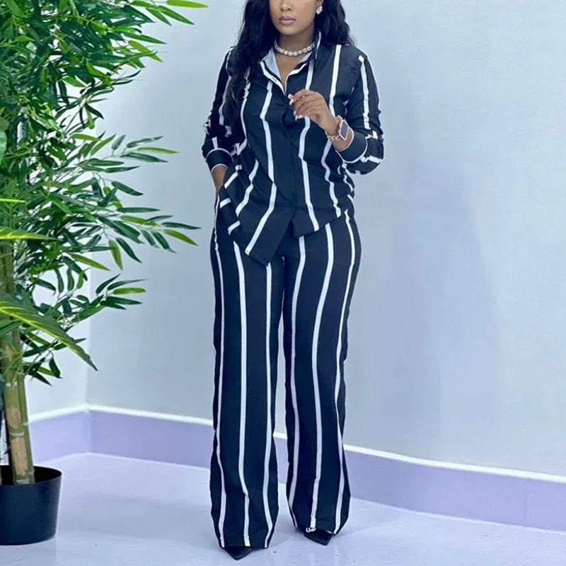 African Fashion Stripe Two Piece Set Women Summer Casual Button Long Sleeved Shirt Wide Leg Pants Two Piece Set Women
