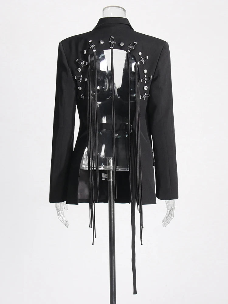 TWOTWINSTYLE Patchwork-Diamanten rückenfreier Blazer für Damen mit gekerbtem Kragen, langen Ärmeln, gespleißten Knöpfen, schickem Damen-Stil