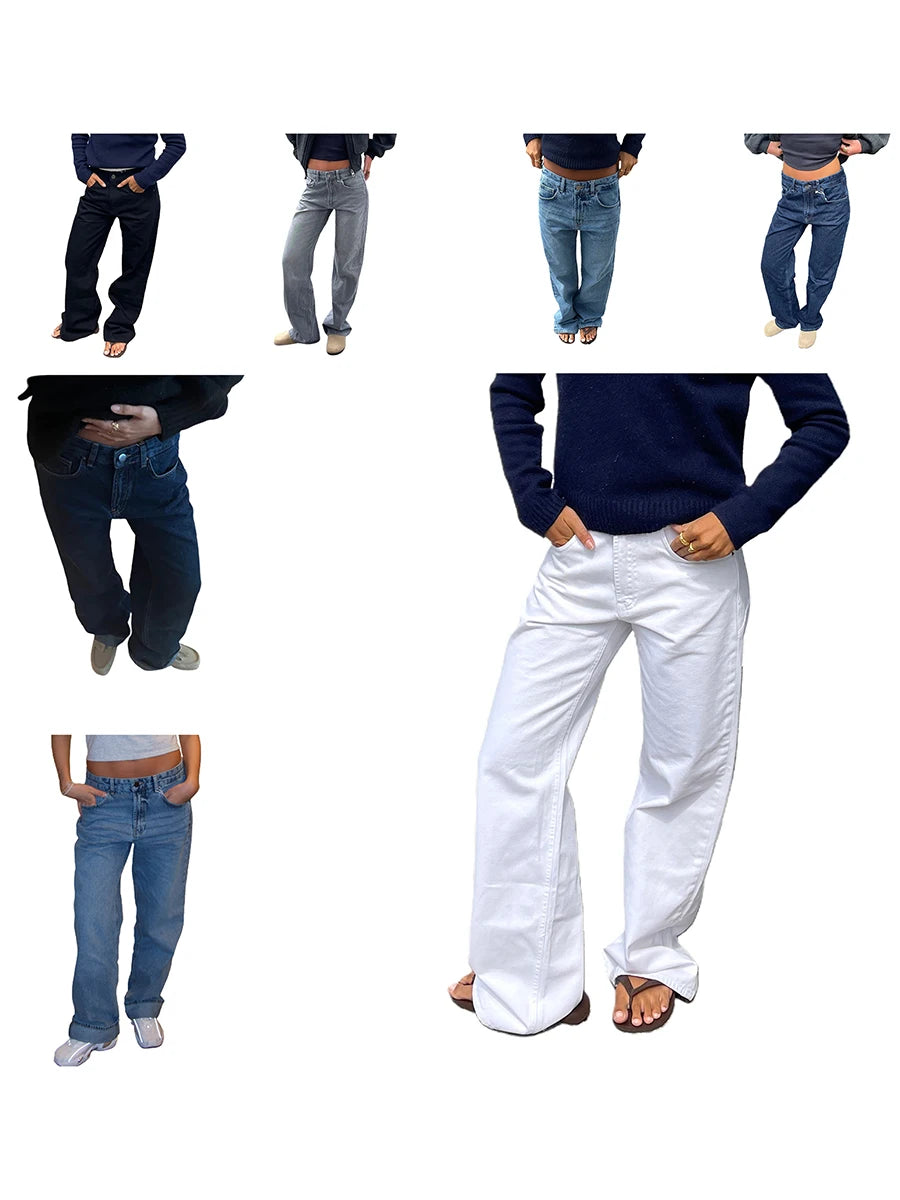 Combhasaki Damen Y2K Vintage Jeans Ästhetischer Sternmuster-Print Loose Straight Leg Denim Lange Hose Lässige Low Waist Hose