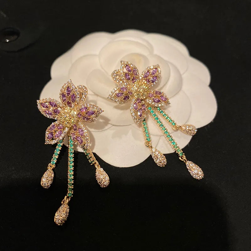 Zircon Purple Delicate Flower Water Drop Fringed Earrings