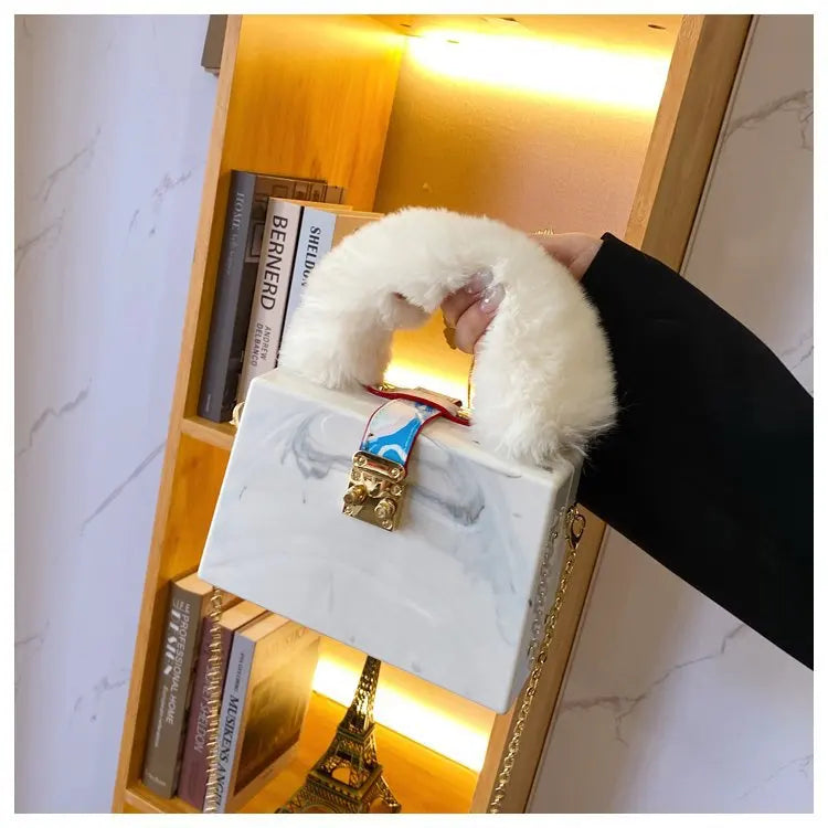 Faux Fur Top Handle Acrylic Party Box Clutch Fashion Purses and Handbags for Women Designer Evening Bag Chain Shoulder Bag