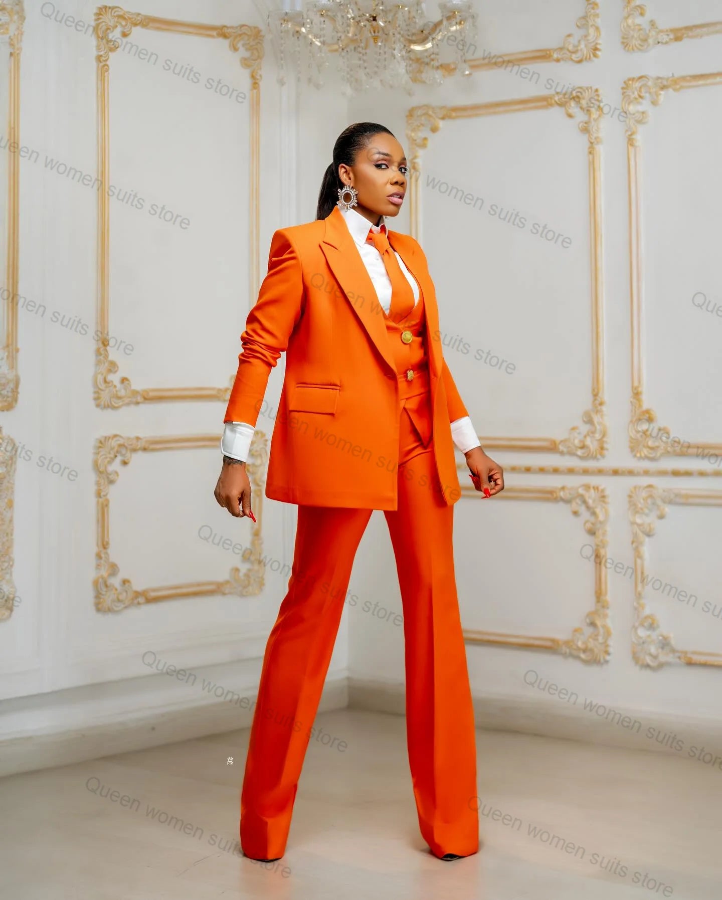 Office Orange Women Suit Set for Wedding 3 Piece Blazer+Pants+Vest Jacket Business Lady Cotton Coat Trousers Custom Made