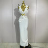 Women Sexy White Flowers V-Neck Tops Bodycon Long Dress Two Pieces Set Eveing Party Prom Gown Nightclub Celebrate Birthday Dress