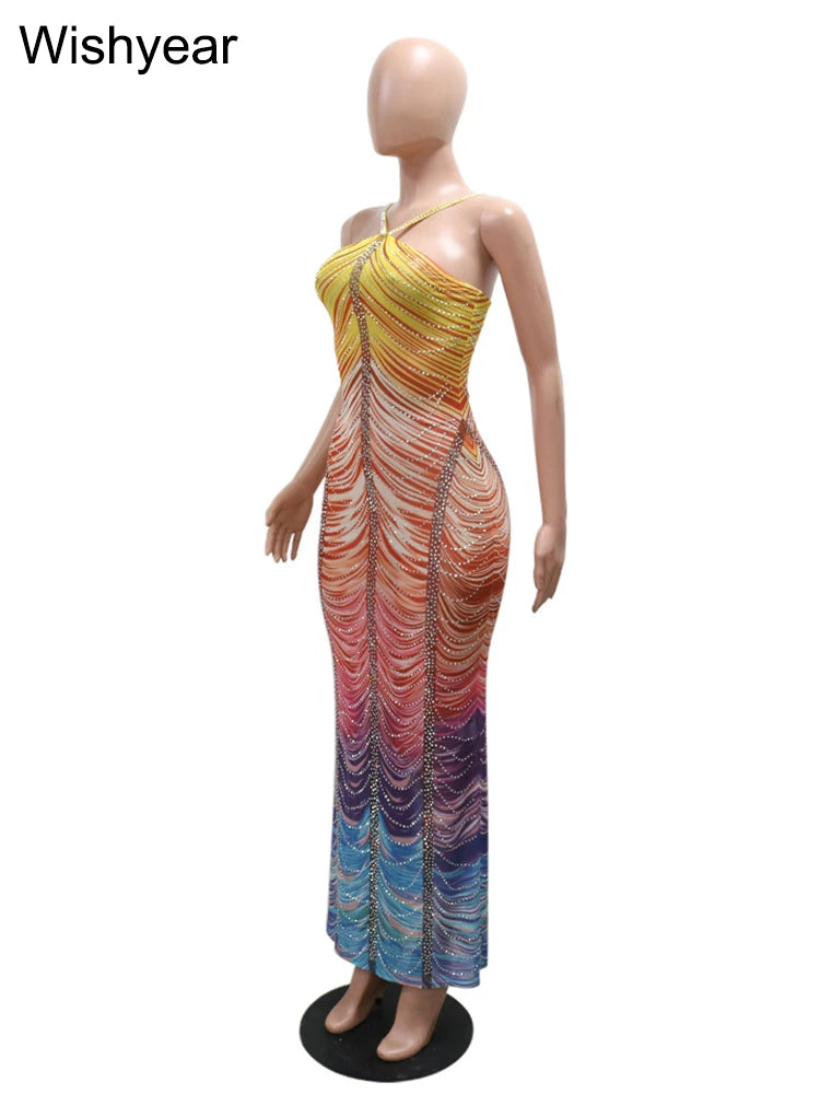 Neue Gradient Strass Tie-Dye Print Neckholder Meerjungfrau Lange Kleider Damen Rückenfrei Ärmellos Schmal Geburtstagsparty Abschlussball Vestidos