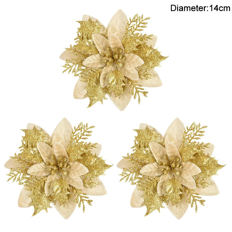 3/10Stück 14cm Weihnachtsblumen Glitzer Rot Gold Blütenkopf Weihnachtsbaumschmuck Neujahrsdekorationen für Zuhause Navidad Noel Geschenke