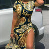 Trendy Printed Slim Midi Dresses Women Fashion Package Hip Bodycon Short Sleeves Drawstring Slit Dress Casual Ladies Streetwear