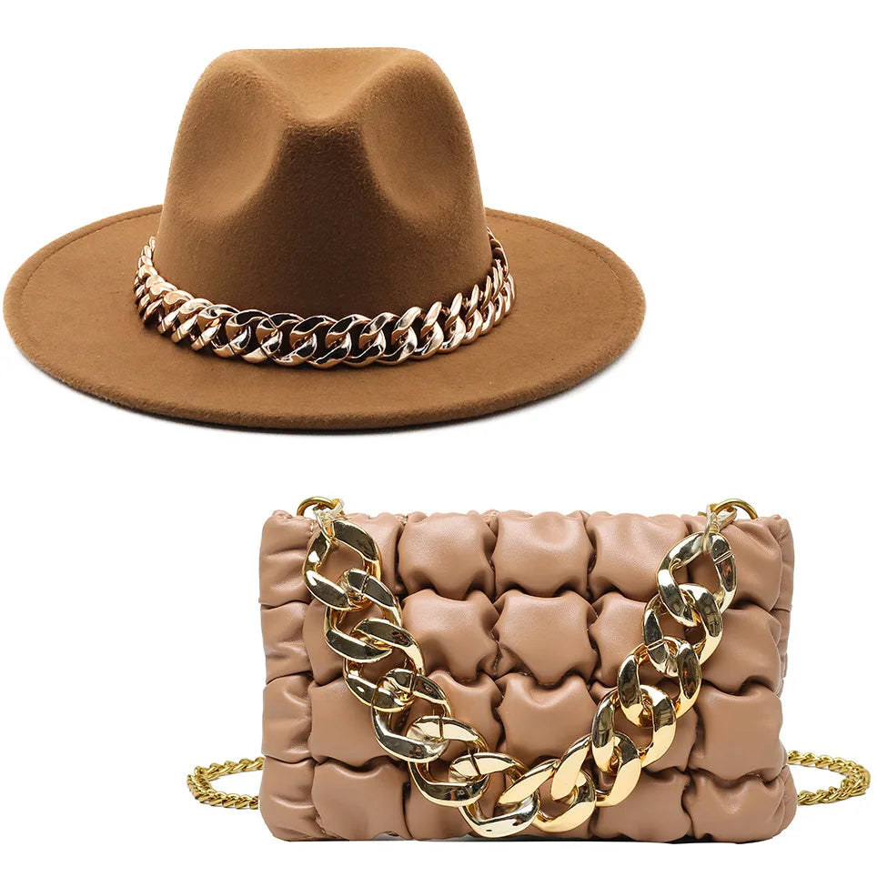 Set Straw Hat and Bag Set Gold Chain Bag Hat Set Ladies Leather Bag Tote Church Fedora Party Jazz Straw Hat