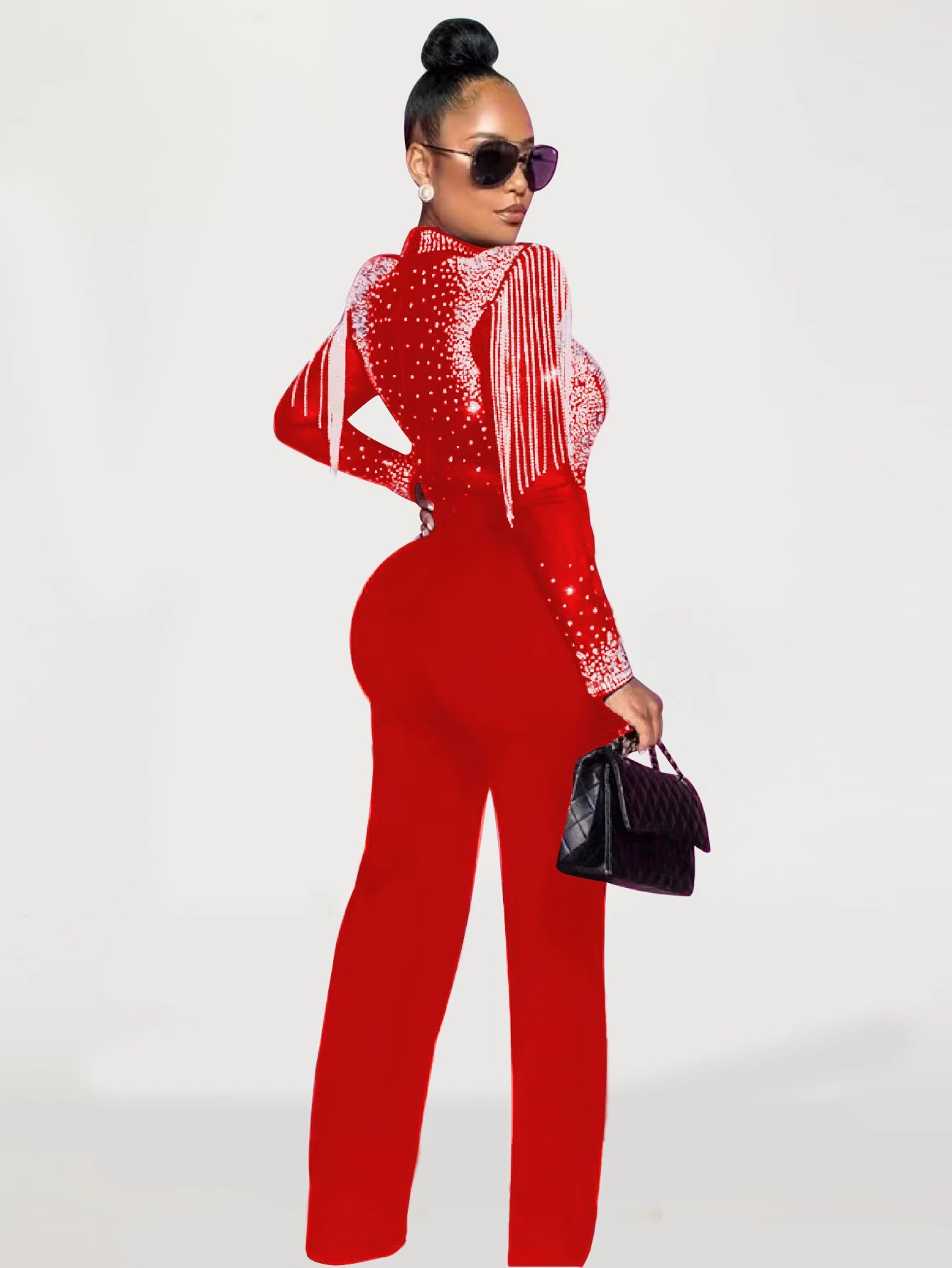 Women Jumpsuit Solid High Collar Hot Drill Mesh Shoulder Cotton Long Sleeves Long Straight Jumpsuit Sexy Party Outfits