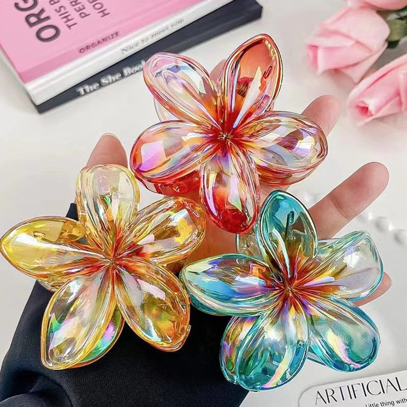 Neue Farbverlauf Große Blumen-Haarspange aus Acryl für Frauen Süße Haarklammern Krabbenklemmen Haarspangen Hawaii-Kopfbedeckungsaccessoires