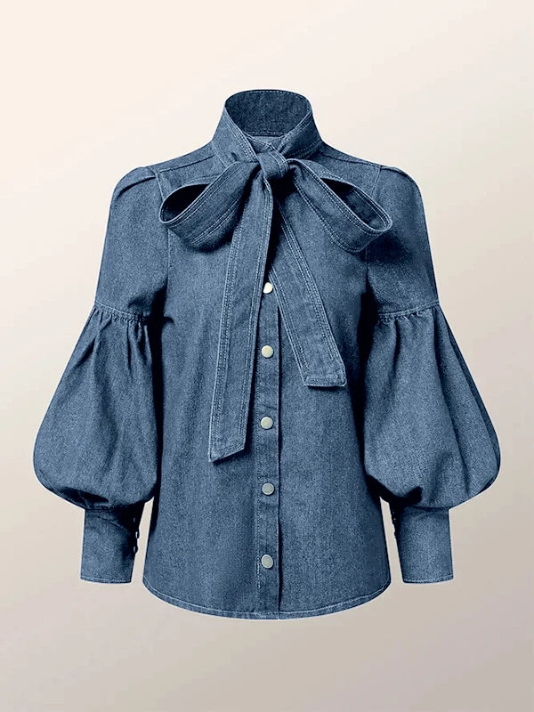 Gymystars Neue Trendige Imitation Jeans Blusenoberteile für Damen, lange Puffärmel, Schleifenverzierung, hoher Hals, Damen Herbsthemden
