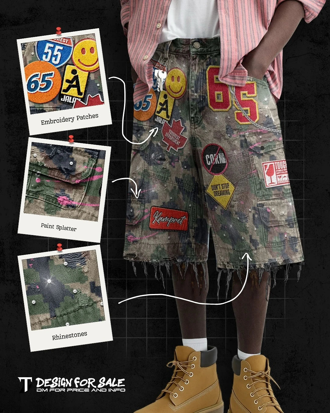 Retro Blaue Streetwear Patchwork Denim Shorts Y2K Jeans Herren Damen Hip Hop Cartoon Grafiken Lose Camo Denim Fitness Freizeit Shorts