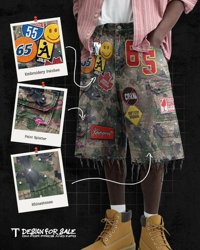 Retro Blaue Streetwear Patchwork Denim Shorts Y2K Jeans Herren Damen Hip Hop Cartoon Grafiken Lose Camo Denim Fitness Freizeit Shorts