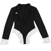 Joskaa Damen Spitze Patchwork Schwarzer Blazer Bodysuit Sexy Tiefer V-Ausschnitt Langarm Einteiler Romper Coquette Midnight Clubwear