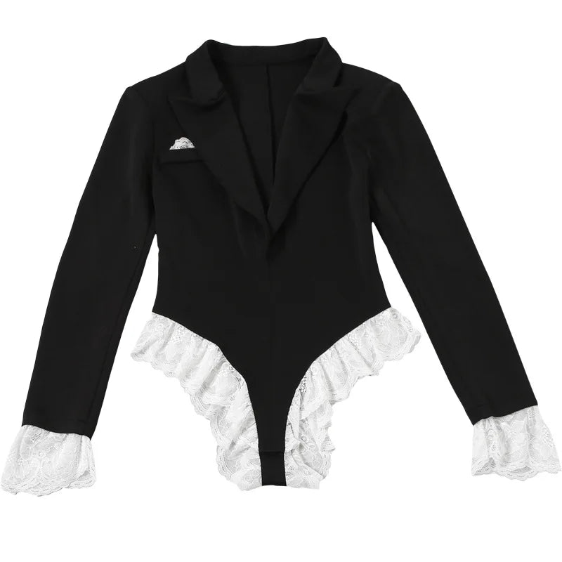 Joskaa Damen Spitze Patchwork Schwarzer Blazer Bodysuit Sexy Tiefer V-Ausschnitt Langarm Einteiler Romper Coquette Midnight Clubwear